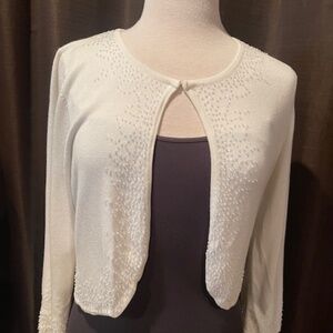 TAILOR ivory beaded shrug size large, one hook and eye closure, long sleeves